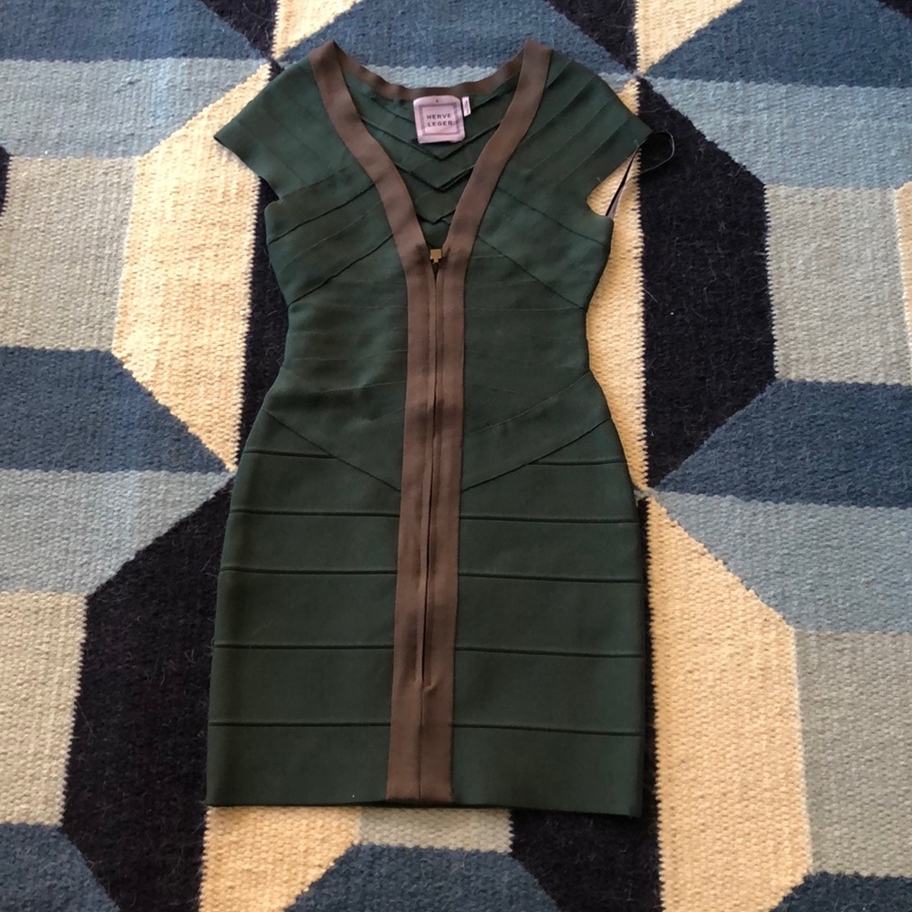 Herve Leger Dark Green and Brown Bandage Mini Dress
